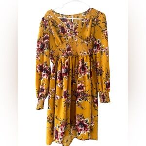 Knee Length Long sleeve Stretchy Floral Dress with Pockets Mustard XHilaration